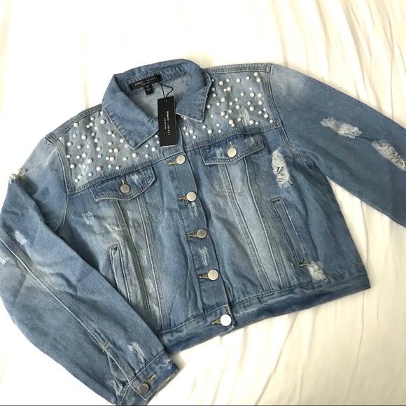 Romeo & Juliet Couture Jackets & Blazers - Distressed Pearl Embellished Denim Jacket
